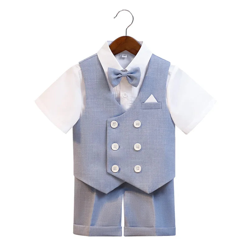 JUCPKID Kids Boys Summer Vest Shorts Suit Formal Elegant Children Boys Wedding Suit Junior Boys Blue Gray Short-sleeved Vest Set