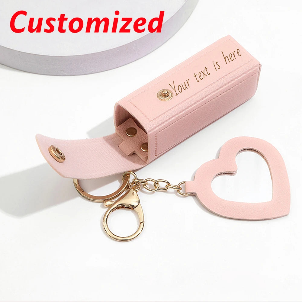 Mini Lipstick Bag Custom Text Keychain PU Leather Customized Name Bag Charm Mirror Laser Engraving Personalized Text Key Chain
