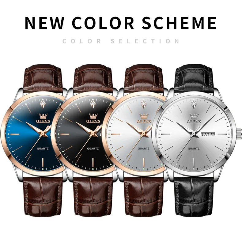 OLEVS 2935 Original Business Men Watch Leather Strap Trend Week Calendar Quartz Watch Luminous Waterproof 43mm Dial wristwatch