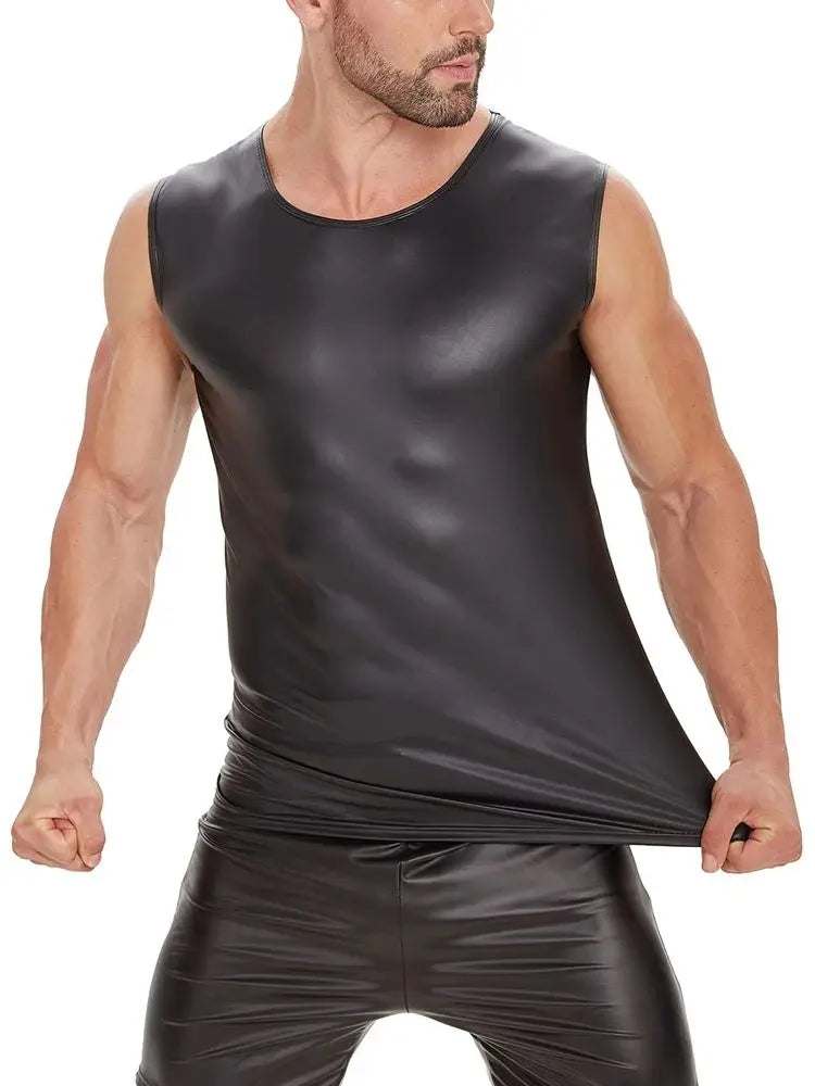 S-5XL Sleeveless Matt Faux PU Leather Tank Top Men Fitness Gym Muscle Shirt Tight Bodybuilding Tanktop Hot Body Shaper Shapewear