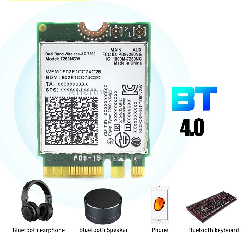 7260NGW M.2 Wifi Wireless Card 1200Mbps Dual Band 2.4G 5G Bluetooth 4.0 802.11AC Adapter Card With Antenna For Laptops Desktop