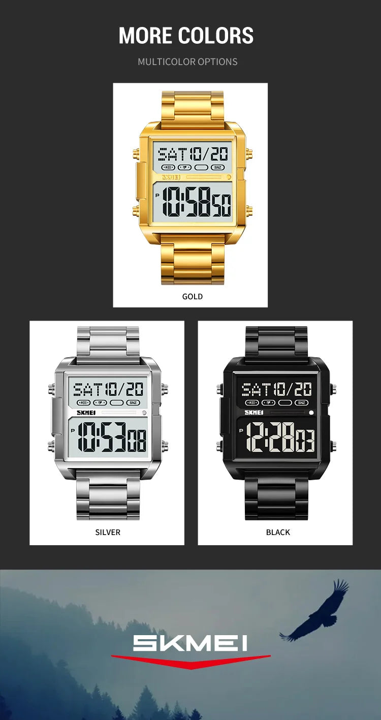 Skmei Luxury Brand Steel Strap Digital Watches for Mens Dual Time Zone Waterproof LED Chronograph Fashion Date Week Alarm Clock