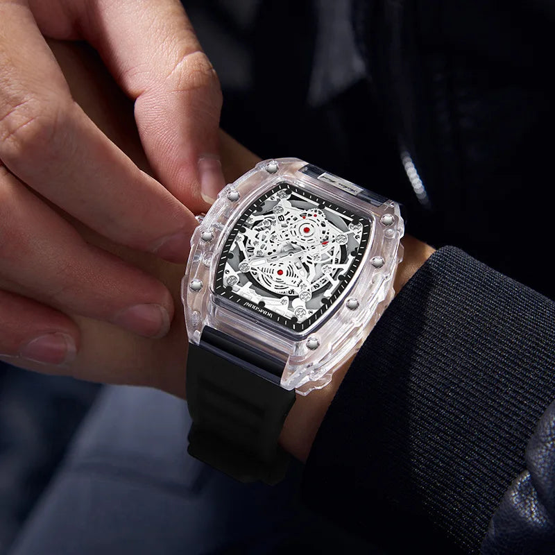 Fashionable Casual Men's Watch Luminous Calendar Function Silicone Strap Tonneau Shaped Transparent Case Men Quartz Watch Reloj