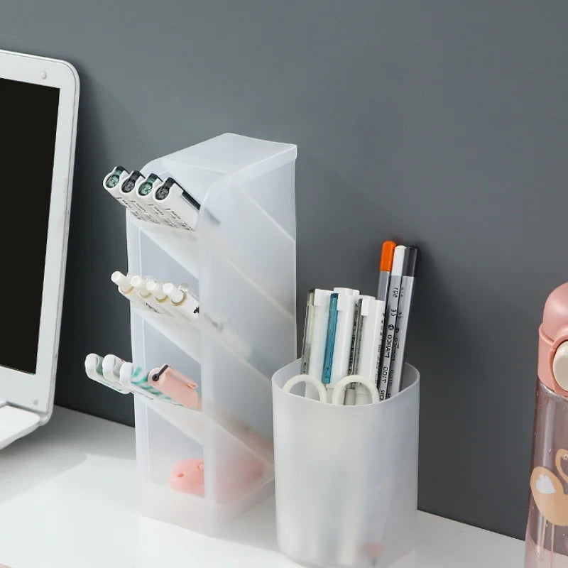 1Pcs Semi Transparent Frosted Pen Holder Slanted Makeup Brush Lipstick Organizer Multifunctional Stationery Storage Tube