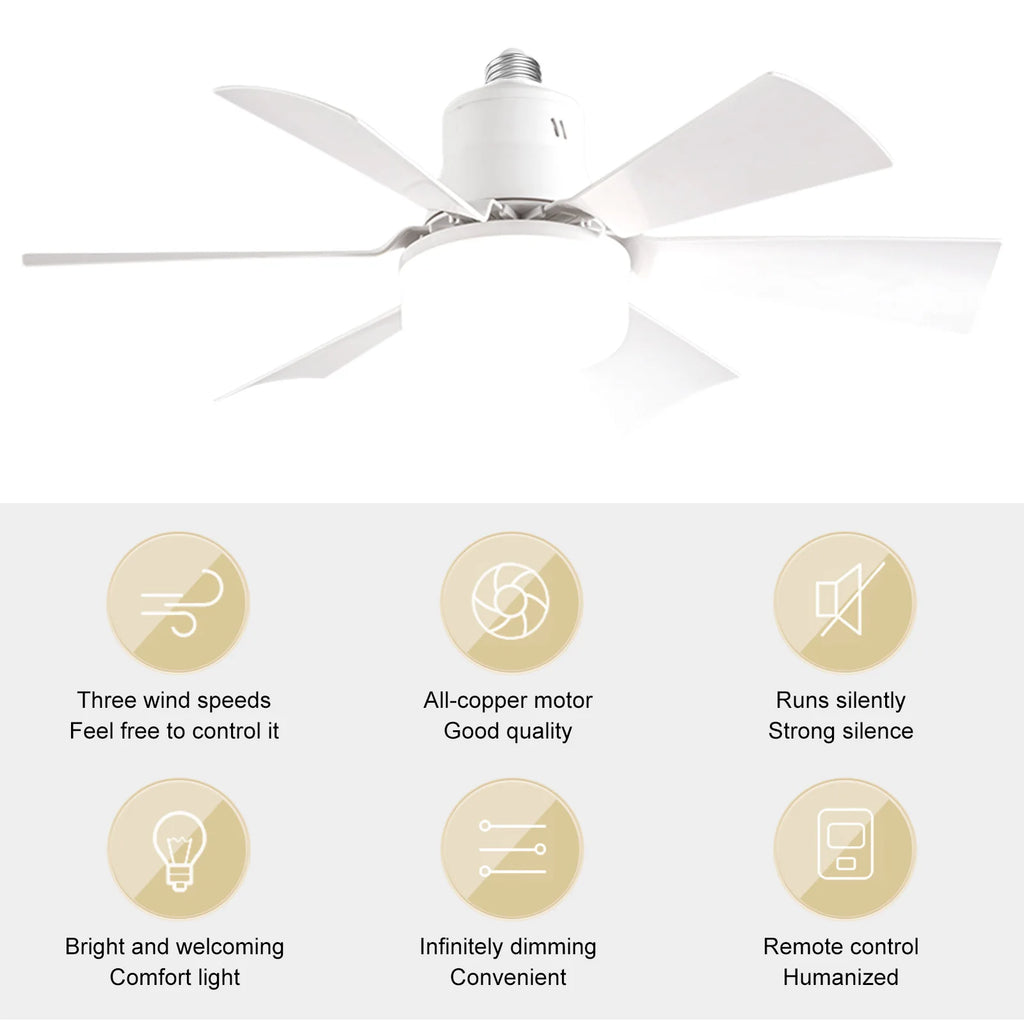 Socket Fan Light 3 Speeds Dimmable Screw in Ceiling Fan in Light Socket with Extender & 6 Blades Ceiling Fan with Light