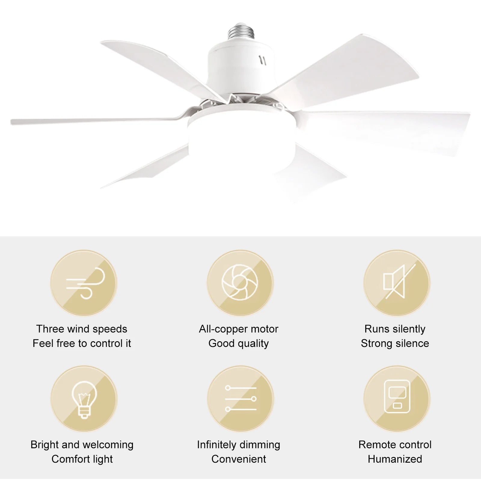 Socket Fan Light 3 Speeds Dimmable Screw in Ceiling Fan in Light Socket with Extender & 6 Blades Ceiling Fan with Light