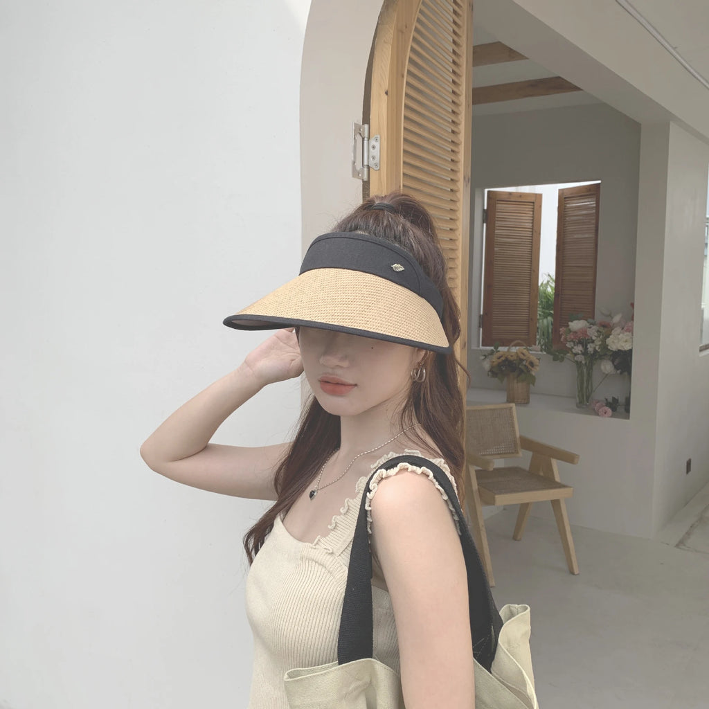 Hats for women Summer hat sun hat empty top Korean version headband black glue straw cap beach caps sunscreen panama  UTHAI S87
