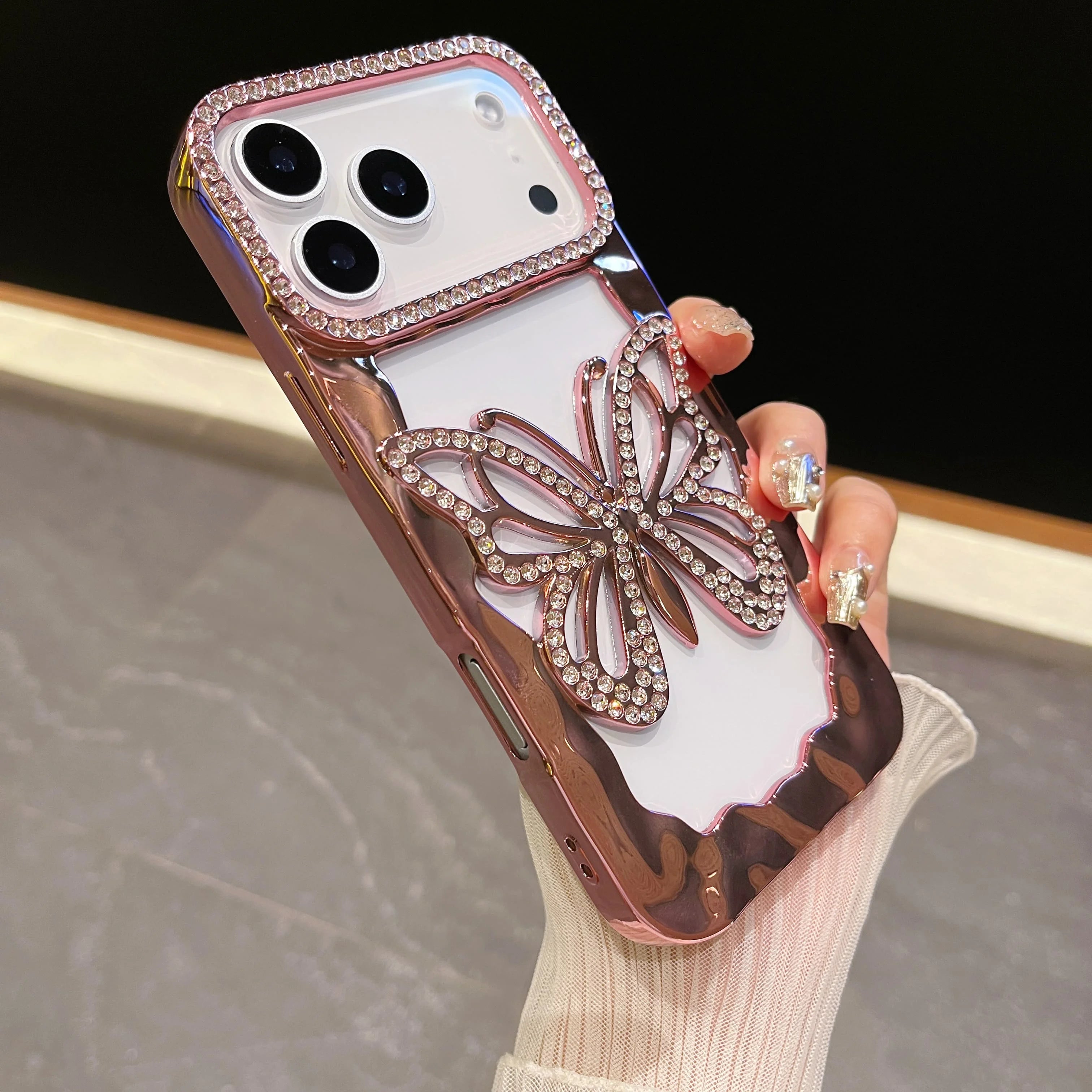 Bling Diamond Hollow Butterfly Phone Case For iPhone 17 Air 16 15 14 Plus 13 12 11 Pro Max Plating Glitter Shockproof Soft Cover