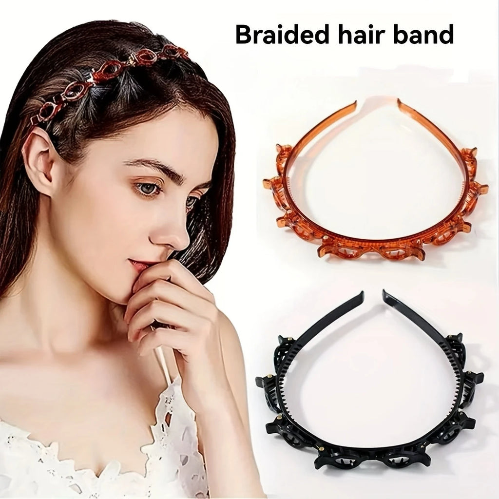Braided Headband with Double-Layered Braids & Hollow Braiding - Solid Color Retro Hair Clip for Bangs, Volume & Braiding Styles