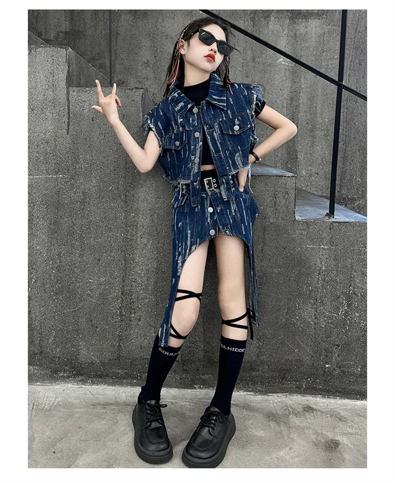 junior Girls Street Jazz Dance Set short denim vest jacket+Irregular skirt black top shorts belt teen girls clothes suit outfits