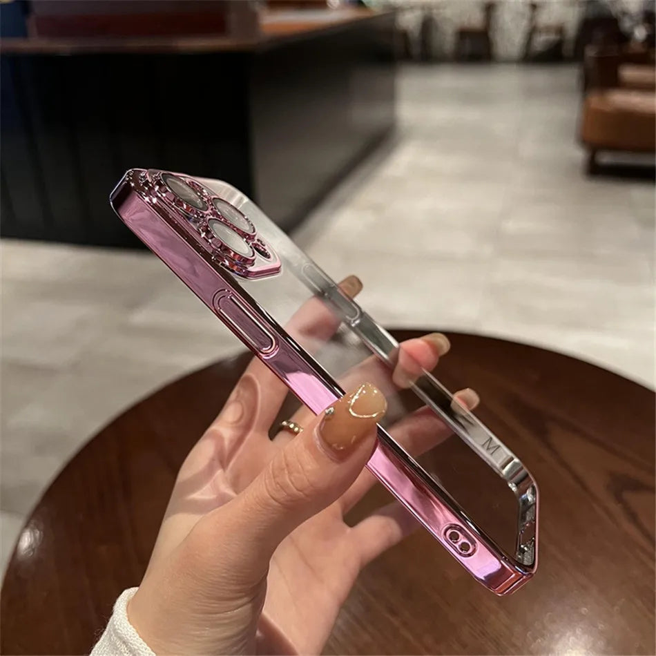 Luxury Plating Clear Silicone Case For iPhone 15 14 13 12 11 Pro X XR XS Max 7 8 Plus SE Mini Shockproof Transparent Soft Cover