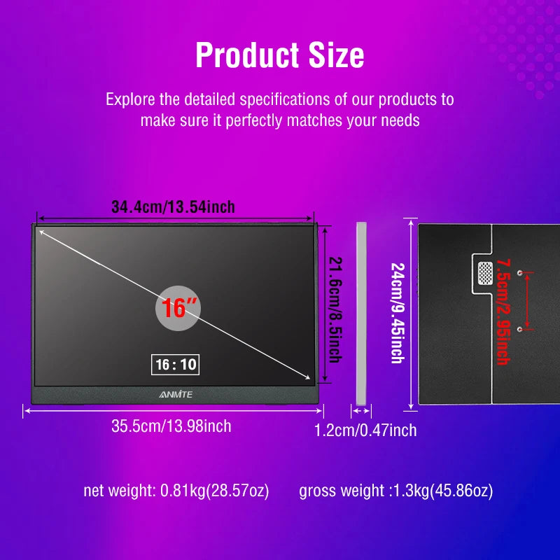16-Inch 2.5K Portable Gaming Monitor 144Hz/120Hz 500cd/m Low Blue Light For XBox PS4 / 5 Switch Cell Phone PC Loptop Extension