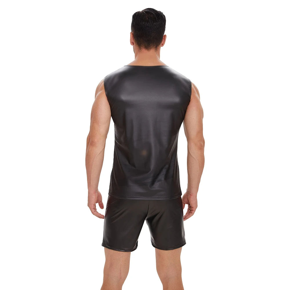 S-5XL Sleeveless Matt Faux PU Leather Tank Top Men Fitness Gym Muscle Shirt Tight Bodybuilding Tanktop Hot Body Shaper Shapewear