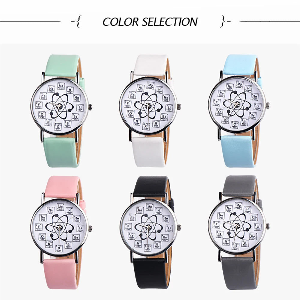 Ladies Watches Creative Design Chemical Element Markers Molecule Pattern Watches Leather Band Quartz Wristwatch Watch Women