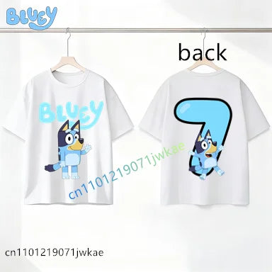 Bluey Birthday Number T-shirt 1-9 Y Kids Front Back Print Cute Cartoon Short Sleeve Boys Girls Summer Tops Birthday Party Gifts