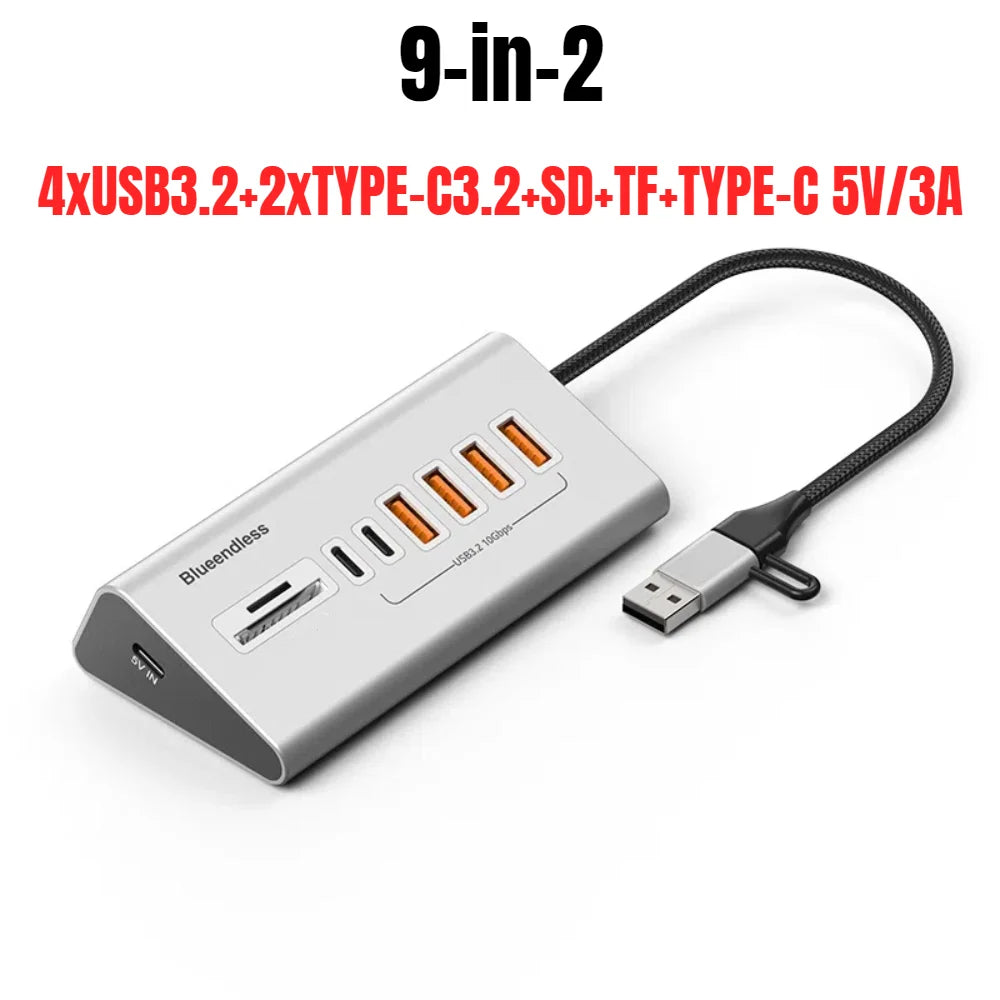 9 in 2 USB C Hub To USB 3.2 Aluminum Docking Station 10Gbps Type C 3.2 Splitter with SD/TF Card Reader for PC Laptop Tablet
