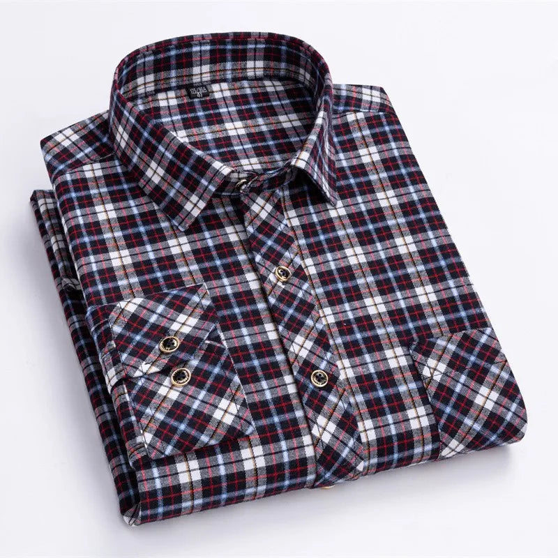 New Cotton Flannel Plaid Shirt For Men's Long Sleeve Regular-fit Brushed Single Pocket Soft Comfortable Casual Fashion Shirts
