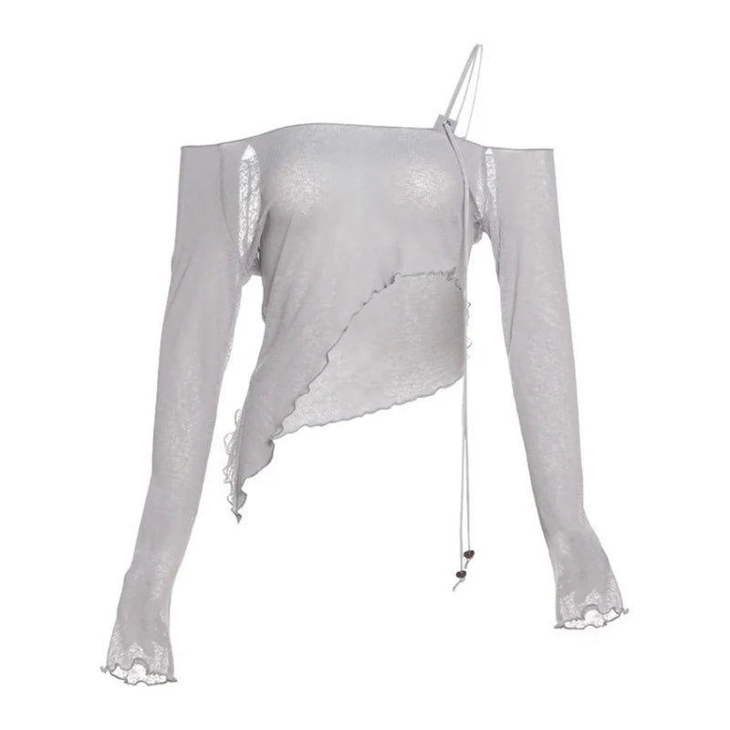 Asymmetrical T Shirts For Women Y2k Clothes Off Shoulder Sexy Streetwear Long Sleeve Crop Top Lace-up Camisetas Ropa De Mujer