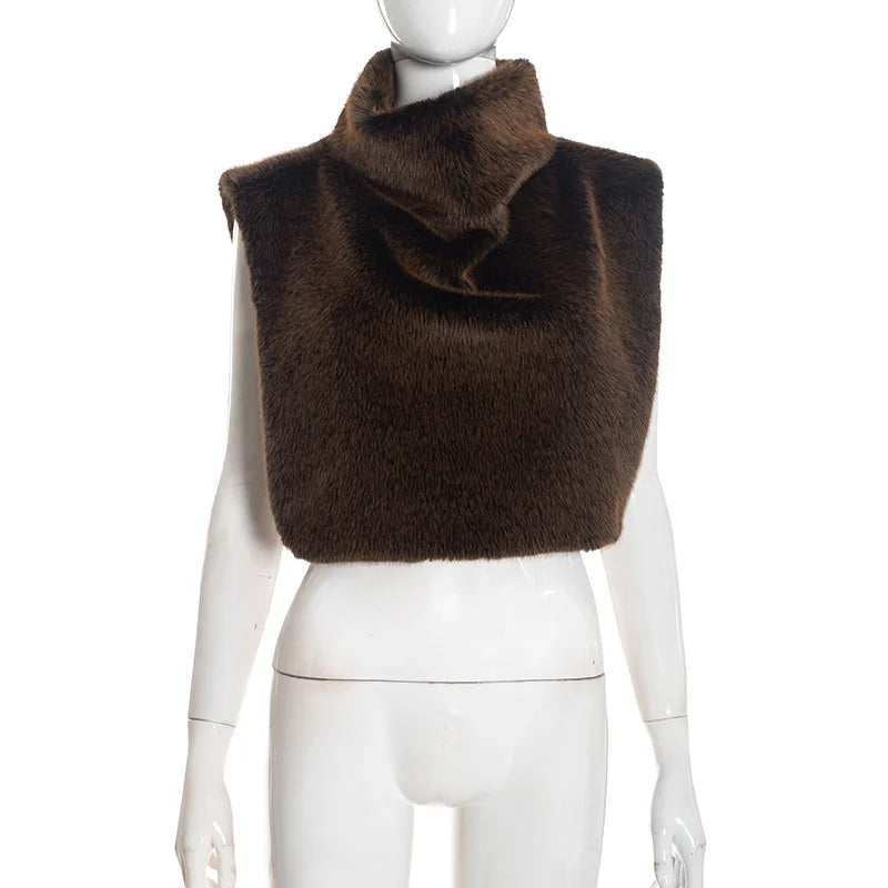 Turtleneck Furry Tank Tops Women Trend Sexy Side Split Chic Fall Trend Midnight Basic Street Furs Hipster Clubwear Vest Crop Top