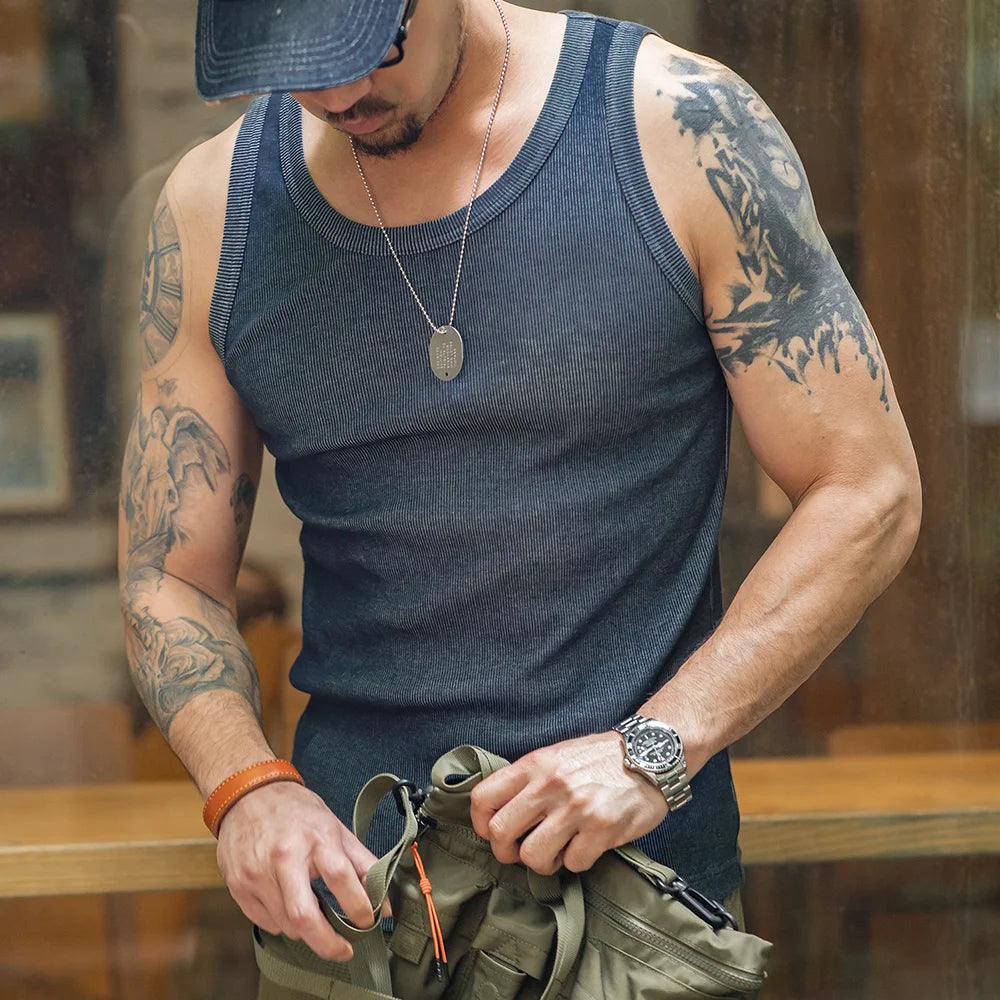 Maden Men's Retro Solid Color Slim Fit Sleeveless Vest T-Shirt Sports Fitness Threaded Inner Bottoming Shirt for Summer Tank Top