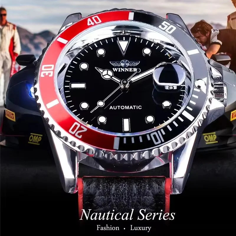 WINNER 002 Fashion Men's Mechanical Watch Luxury Style Calendar Night Light Business Black White Classic Men's Automatic Watch