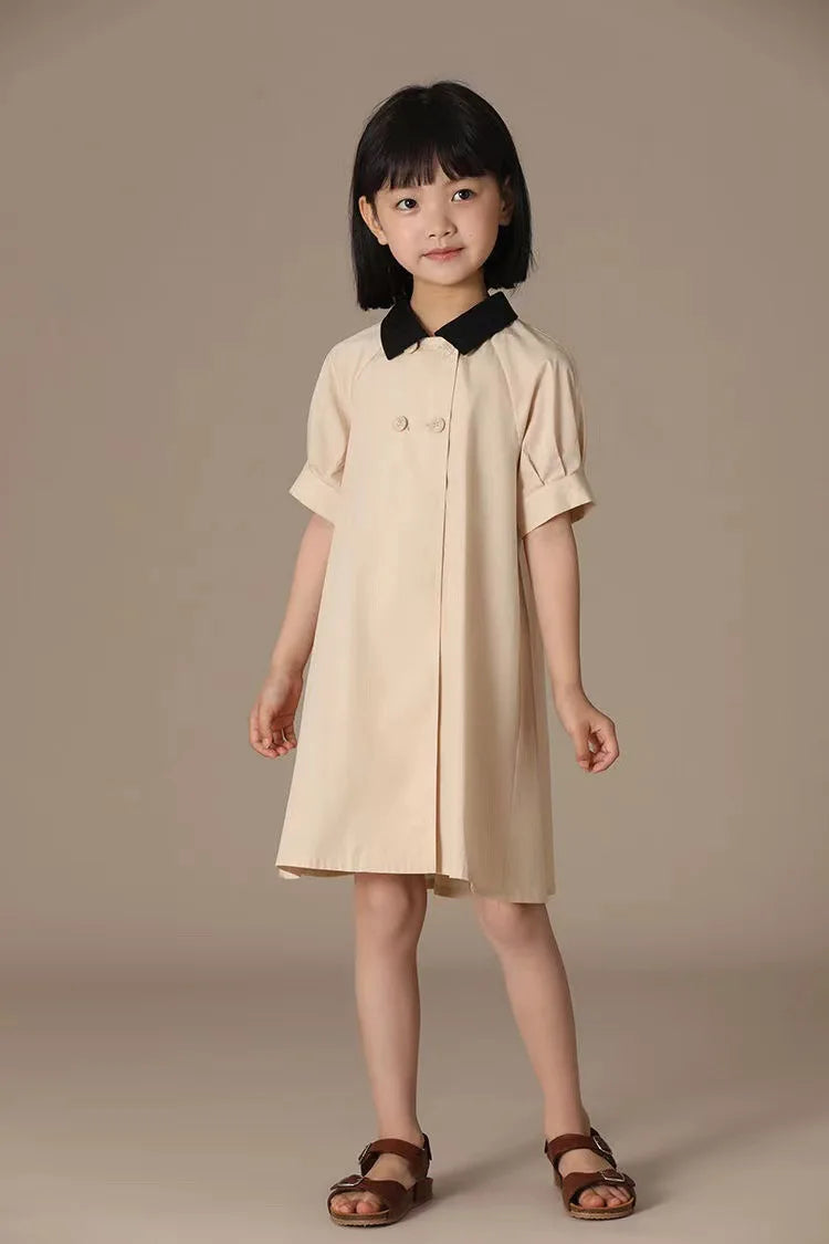 Girls Dress 2025 Spring Summer New Simple Temperament Cotton Contrasting Turn-down Collar Double Breasted Short Sleeved Dress