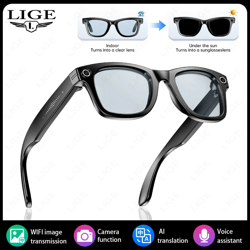 LIGE AI Smart Glasses 8MP Camera Video Recording Translator Sunglasses Men Women Bluetooth Call Music Play Color-Changing Lenses