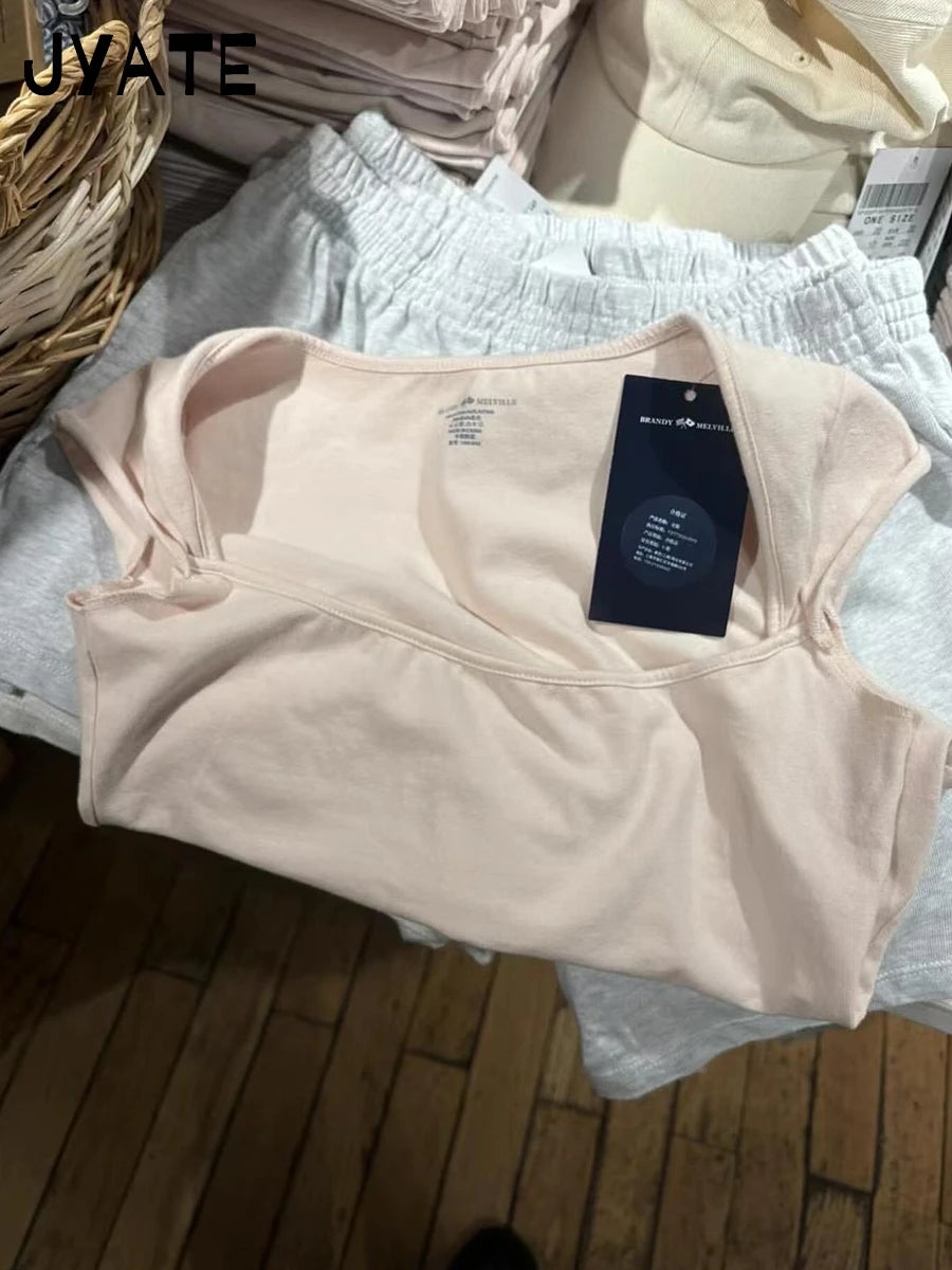 New Sweet Pink Cotton Crimping Short Sleeve Tees Women Summer Casual Simple Square Collar Crop Tops Vintage Basic Y2K T-shirts
