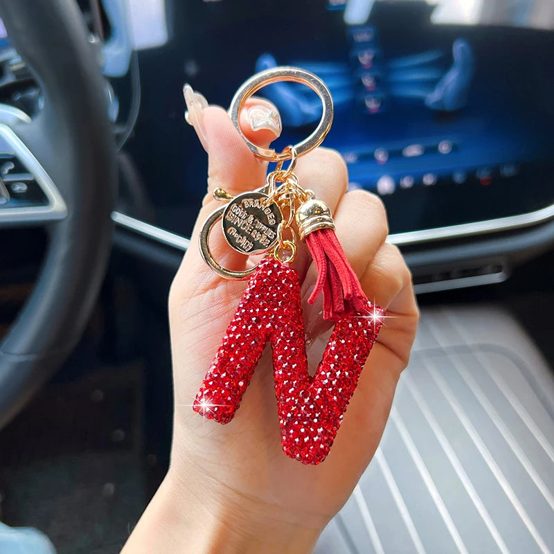 Red English letter car keychain, delicate with diamond bag, pendant, fashionable tassel key chain accessory