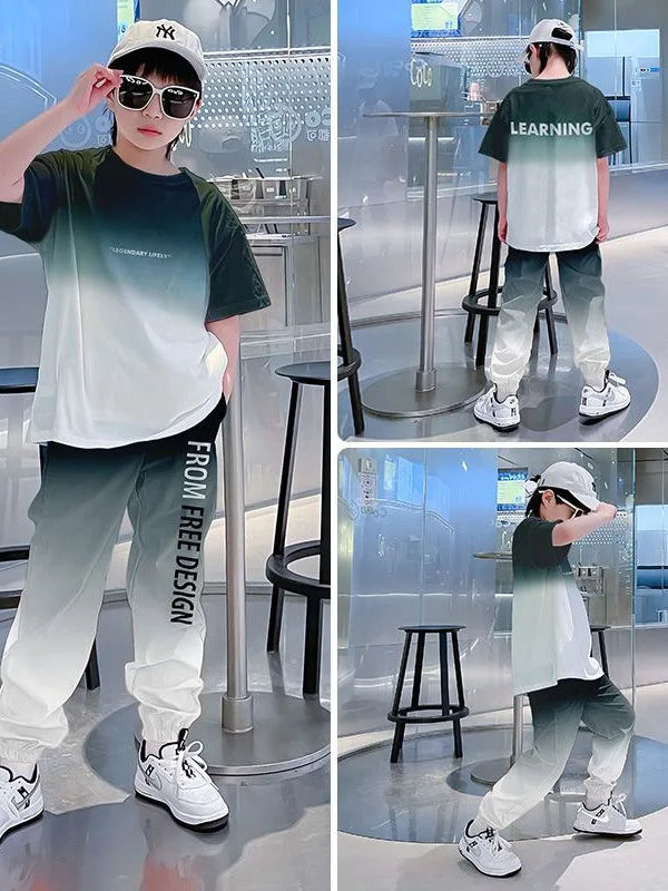 2026 summer Teenager Boys Clothes Casual Outfit Kids Gradient Tracksuit Child t shirt + ankle tie pant 4 5 6 7 8 9 10 12 Year