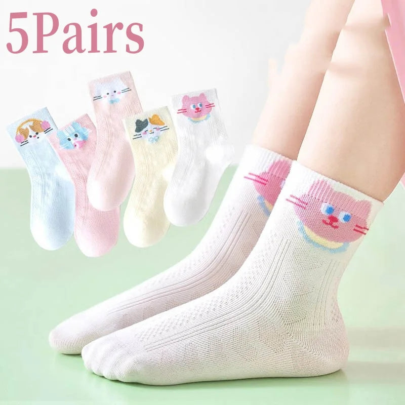 RAISE YOUNG 5Pairs/Lot Purple Children Girls Mesh Socks Bow Flower Print Babys Girls Summer Socks Animal Pattern Kids Girl Socks