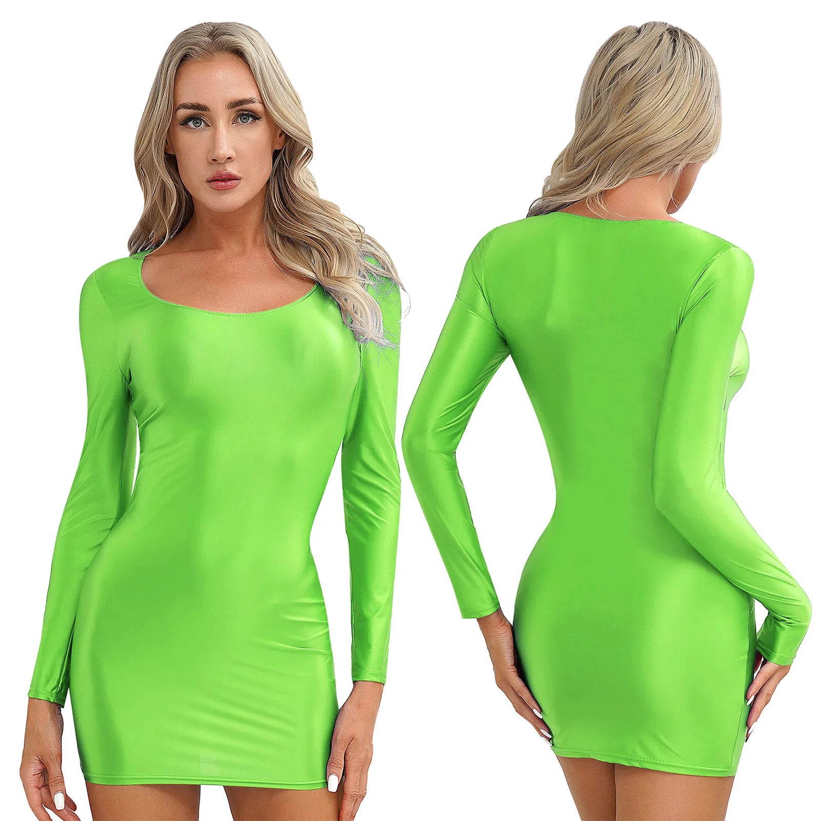 Women's  Solid Color Smooth Stretchy Mock Neck Tight Party Dresses Female Dresses Glossy Long Sleeve Bodycon Dress Nightwear