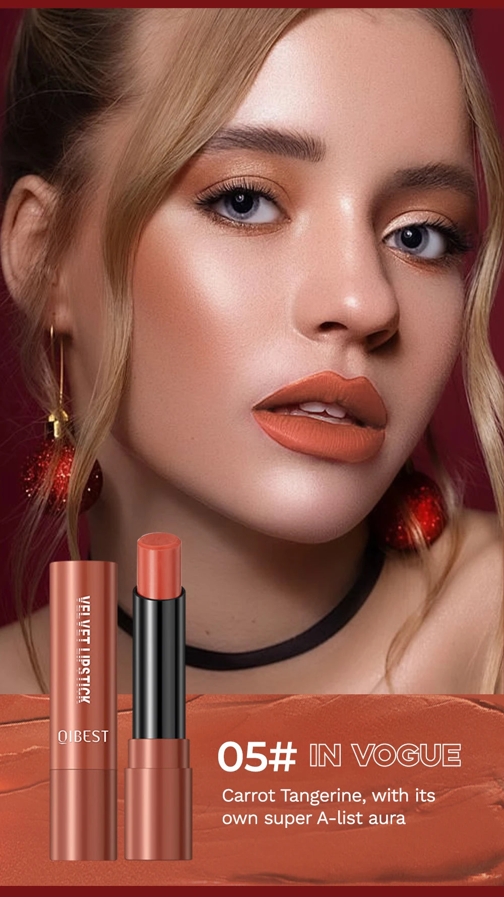 QIBEST Nude Lipstick Matte Lip Gloss High Pigment Makeup Classic Sexy Lipgloss Non-Stick Cup Long Lasting Red Lip Tint Cosmetics
