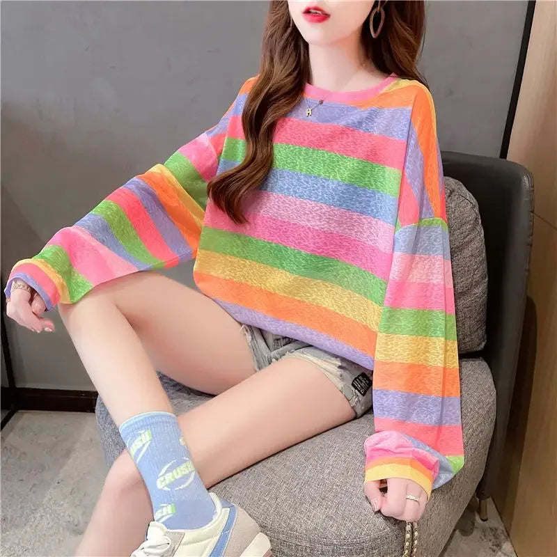 Rainbow Striped Long-sleeved Pullover Sunscreen for Women in Summer Light Top Oversize Mesh Versatile Air Conditioning Shirt