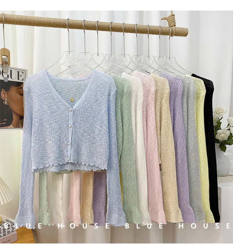 2026 Spring Summer Gentle Ruffle Trim Long Sleeve Ice Silk Sunscreen Knitted Cardigan Women Short Pearl Button Thin Casual Coat