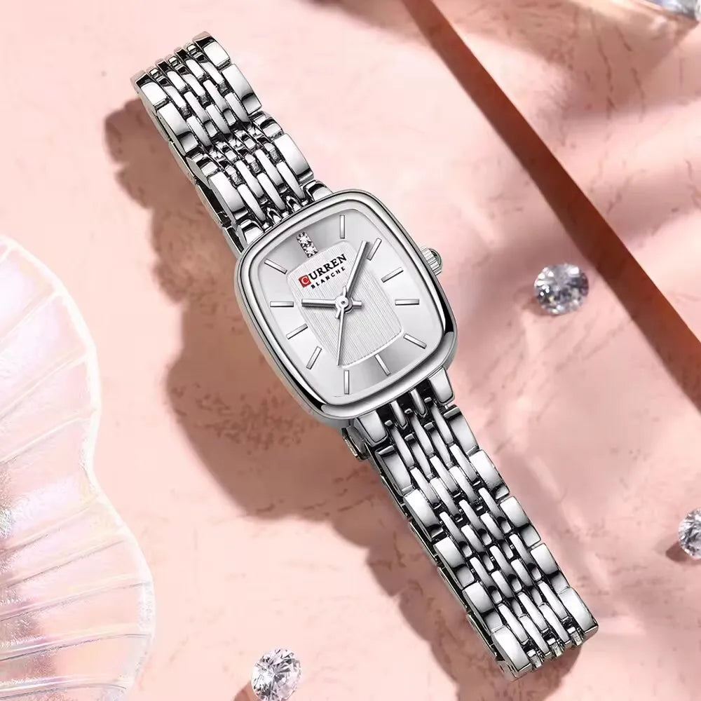 Curren 9093 Square Quartz Watch for Ladies, Waterproof Minimalist Casual Wristwatch with Stainless Steel Strap