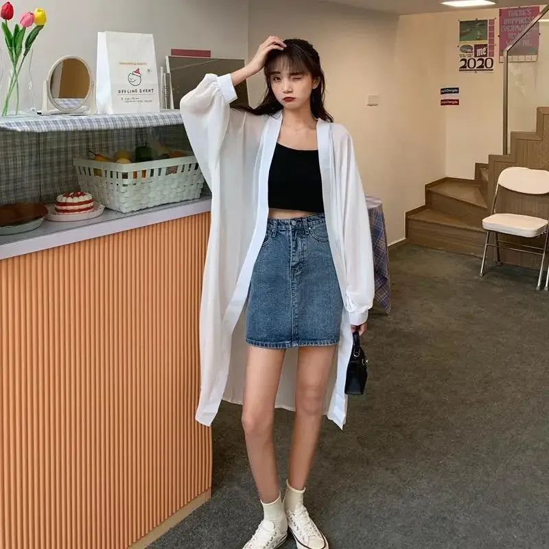Long Shirts Women Summer Girls Sunscreen Clothing Seethrough Thin Loose Solid Simple Leisure All-match Korean Style Chiffon Tops