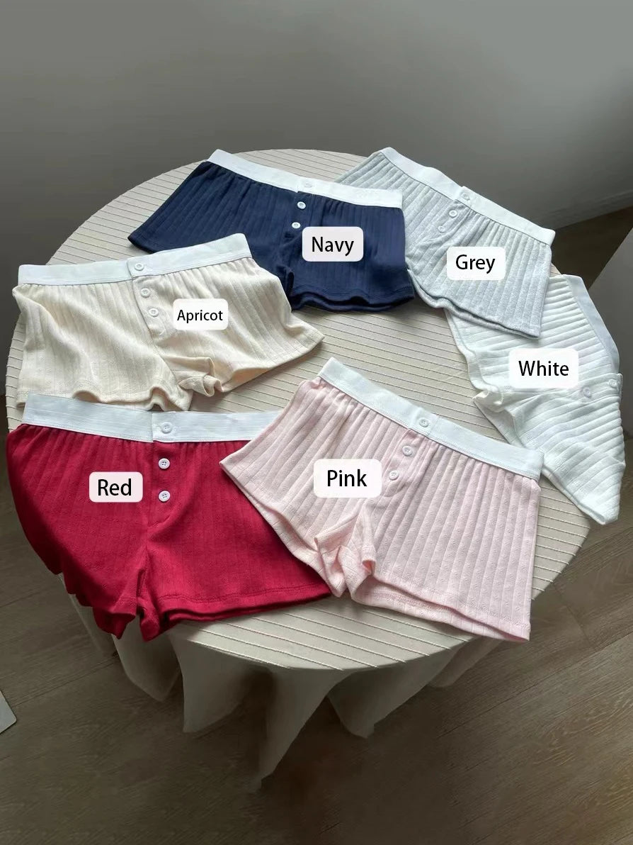 Floral Eyelet Cotton Boy Shorts Woman Summer Three Buttons Patchwork Elastic Waist Straight Short Pant Sweet Cute Home Underwear