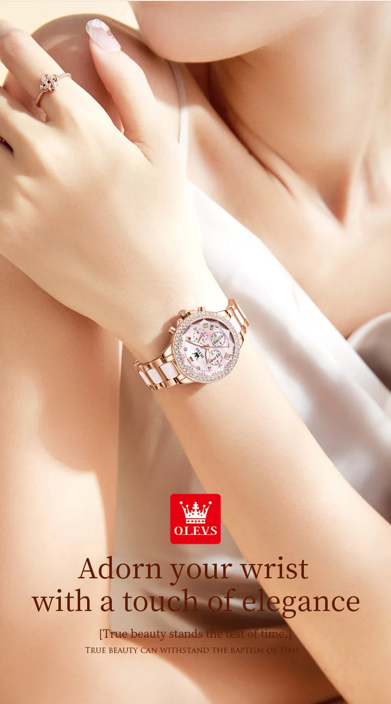 OLEVS Diamond Quartz Watch for Women Luxury Elegant Ceramics Strap Rhombic Mirror Ladies Wristwatch Waterproof Chronograph Clock