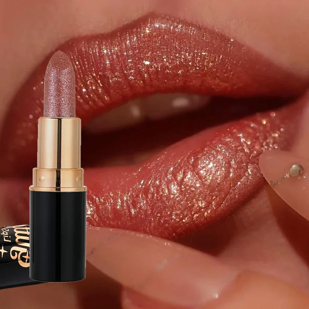 Black Tube Shiny Diamond Lipstick Pearl Moisturizing Glitter Lip Tint Balm Waterproof  Lasting Lip Gloss Shimmer Sexy Lip Makeup