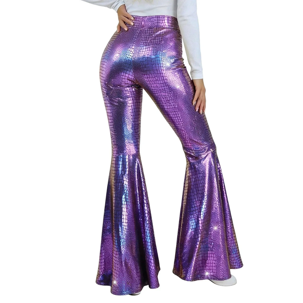 Women's Sequin Flared Pants High Waist Shiny Disco Party Trousers Loose Fit Dance Club Stretchy Bell Bottom Wide Leg Trousers