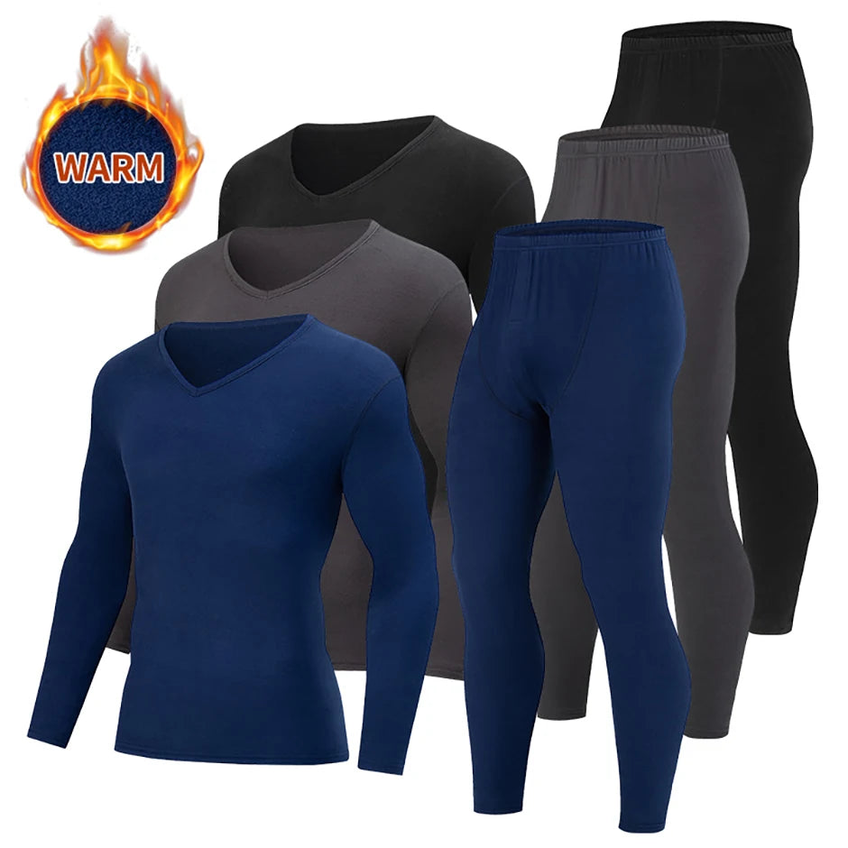 2-piece Men's Autumn And Winter Solid Color Casual V-neck Basic Warm Underwear Set Comfortable Sports And Fitness Base Shirt