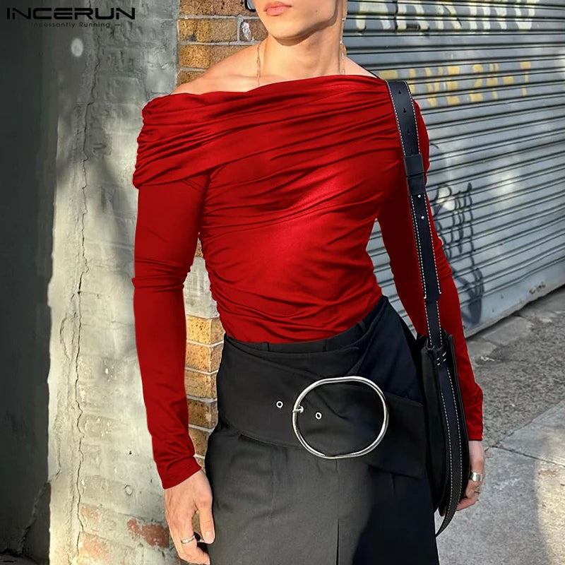 Sexy Fashion Style Tops INCERUN Men's Solid One-shoulder T-shirt Casual Clubwear Male Hot Sale Long Sleeved Camiseta S-5XL 2024
