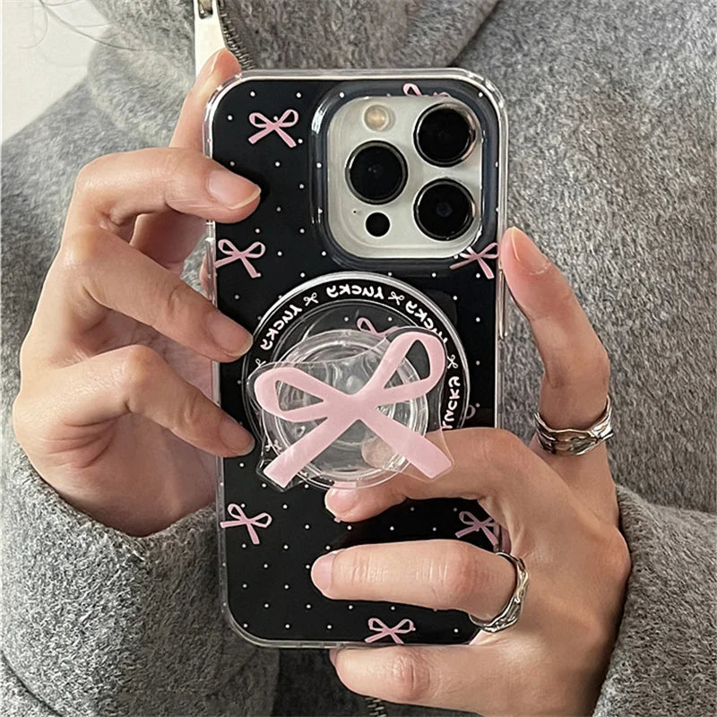 Korean Cute Black Bow For Magsafe Magnetic Phone Griptok Grip Tok  Stand For iPhone 15 14 13 Foldable Wireless Charging Holder