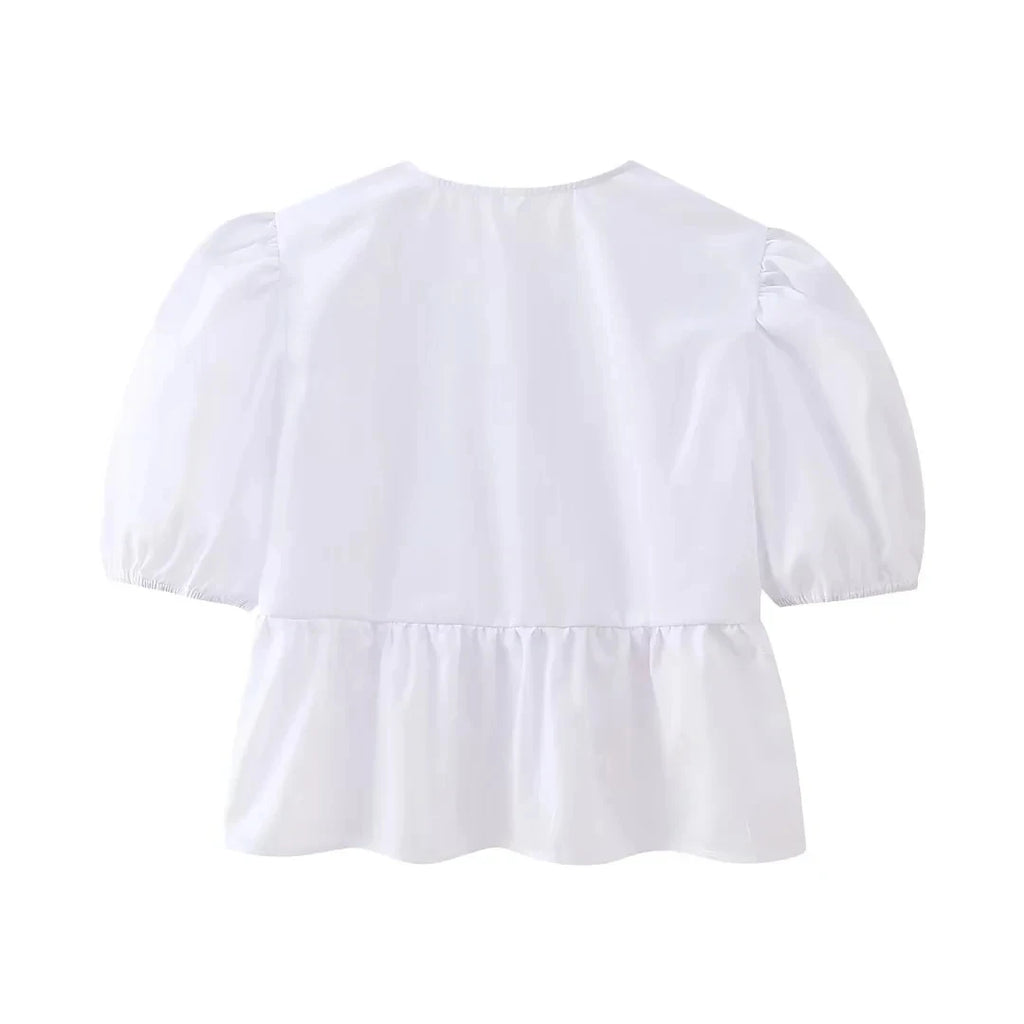HH Women Causal O Neck Short Puff Sleeve Shirt Sweet White Bow Lace Up Tops 2024 New Fashion Chic Female Streetwear Blouse