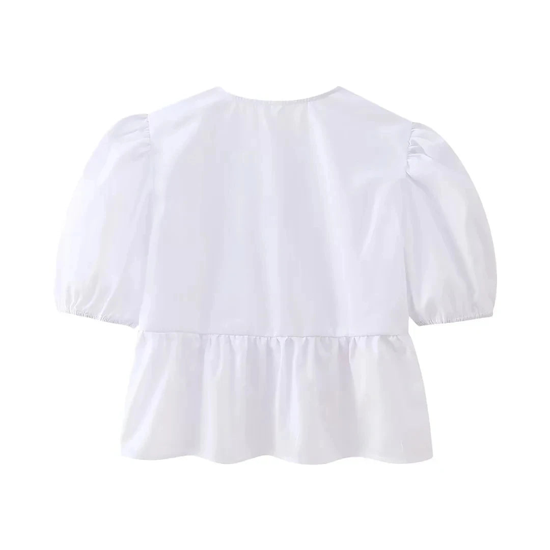 HH Women Causal O Neck Short Puff Sleeve Shirt Sweet White Bow Lace Up Tops 2024 New Fashion Chic Female Streetwear Blouse