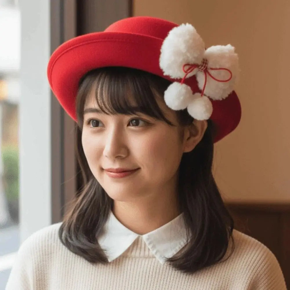 Top Hat Vintage Looking Red Bowler Hats Japanese Style Beret Woolen Bucket Cap Versatile Girls Dome Hat Winter