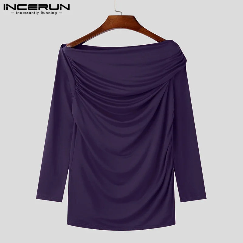 Sexy Fashion Style Tops INCERUN Men's Solid One-shoulder T-shirt Casual Clubwear Male Hot Sale Long Sleeved Camiseta S-5XL 2024