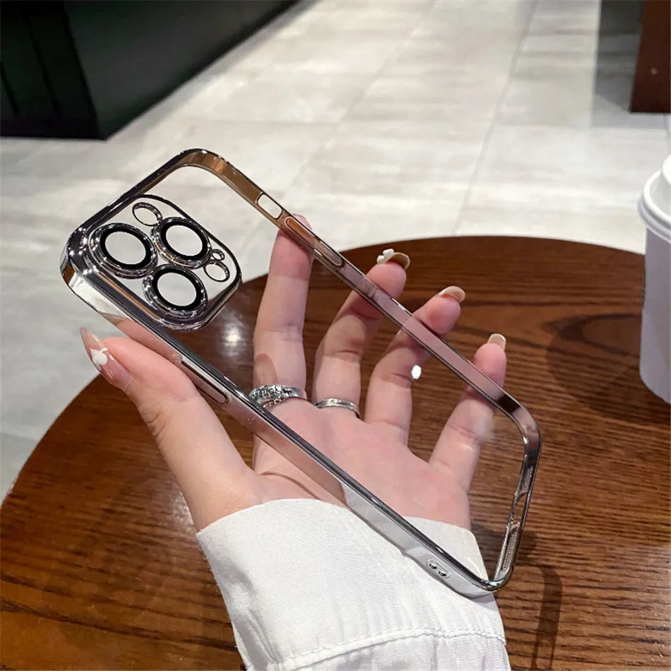 Luxury Plating Clear Silicone Case For iPhone 15 14 13 12 11 Pro X XR XS Max 7 8 Plus SE Mini Shockproof Transparent Soft Cover