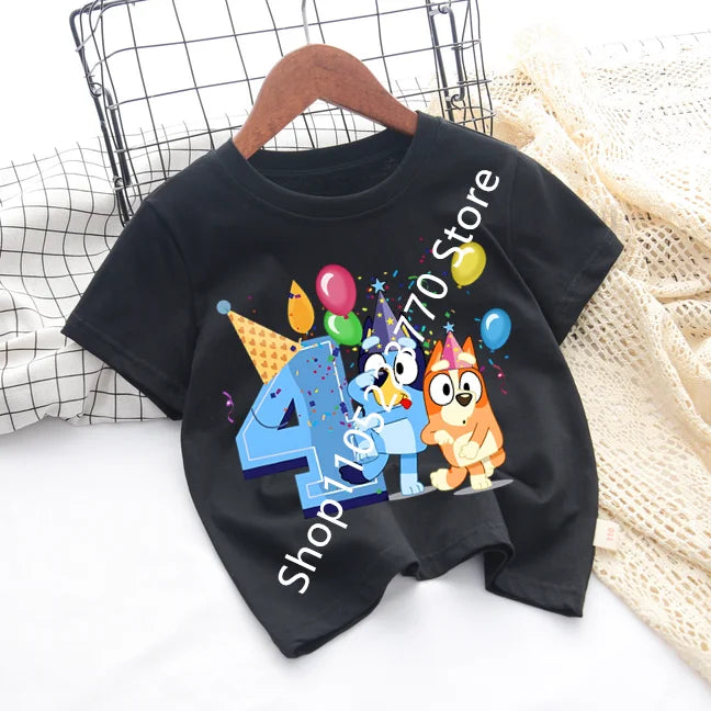 Bluey Baby Birthday T Shirt for Boys Girl Bingo Number Kids Clothes Summer Cartoon Letter Tees Shirts Toddler Short Sleeve Tops